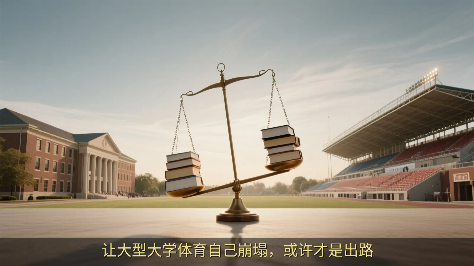 象征大学体育商业化与教育使命冲突的画面