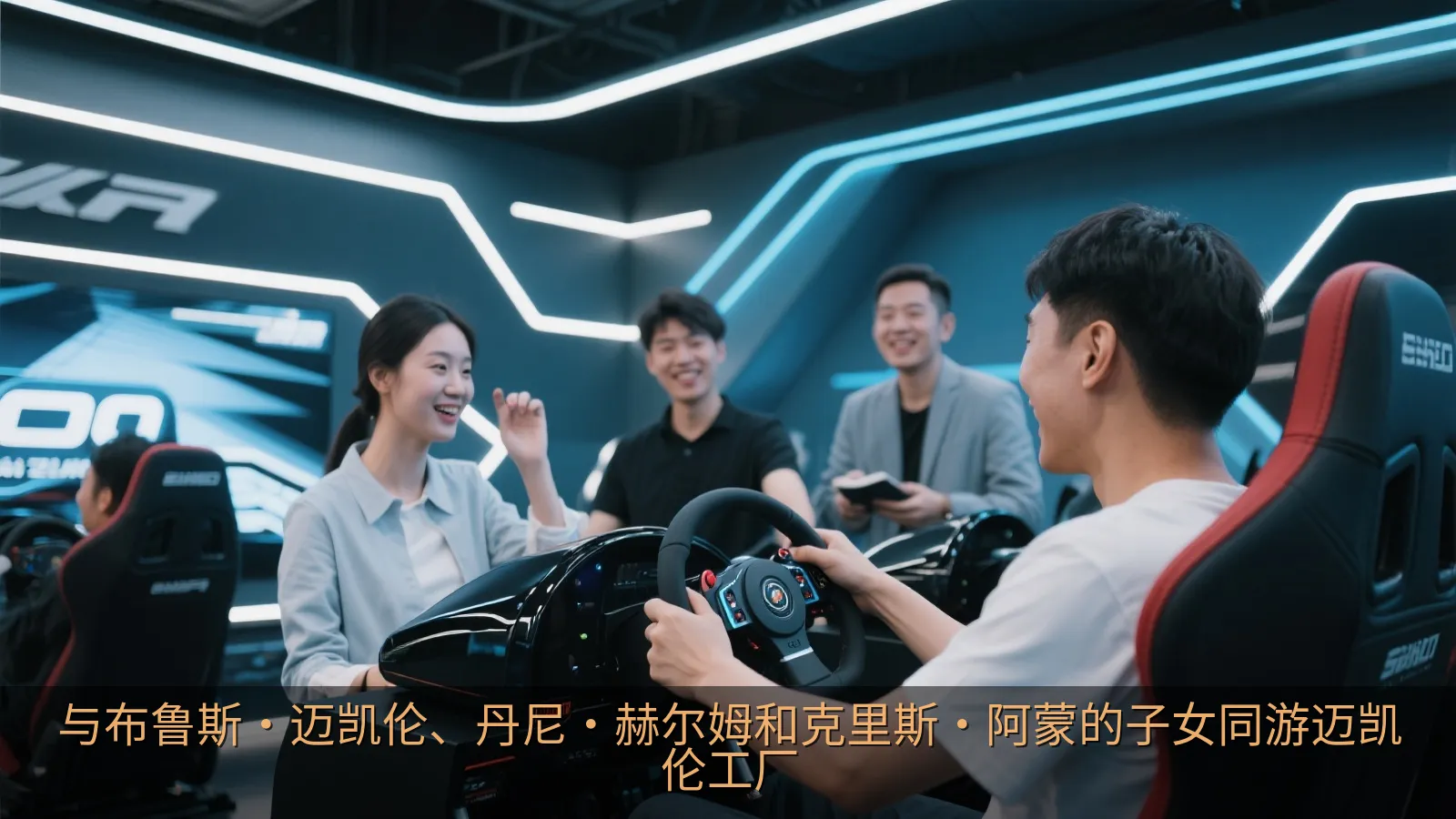 访客在赛车模拟器前交流并体验驾驶